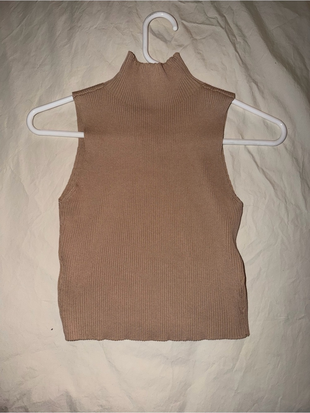 SHEIN Ribbed Sleeveless Mock Neck Crop Top in Taupe